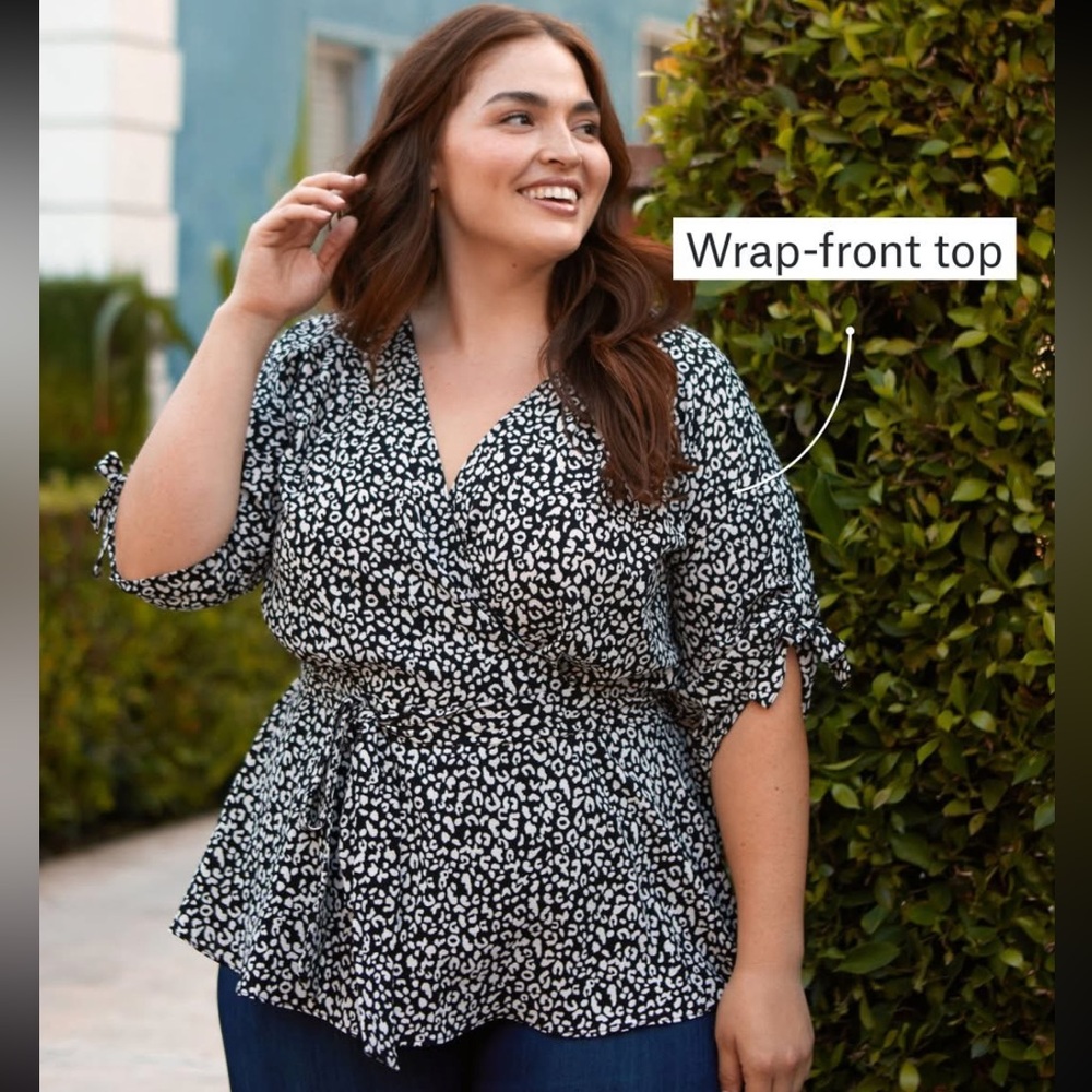 City Chic Amaleia Wrap Peplum Top Black and White Leopard size M/18